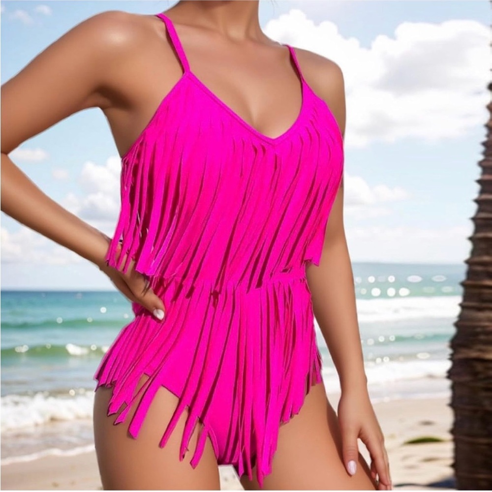 Ladies Hot Pink Fuchsia One Piece Swimsuit Bathing Suit Fringe Size Small